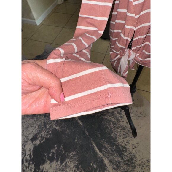 REBORN J Soft Mauve White Striped Long Sleeve Side Tie Top L Casual Classic Trav - Picture 8 of 8